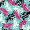 Trend summer seamless pattern with tropical pink black plants on a emerald background. Royalty Free Stock Photo